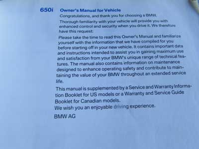 BMW Owner's Manual with Case 01410012832 E63 645Ci 650i9